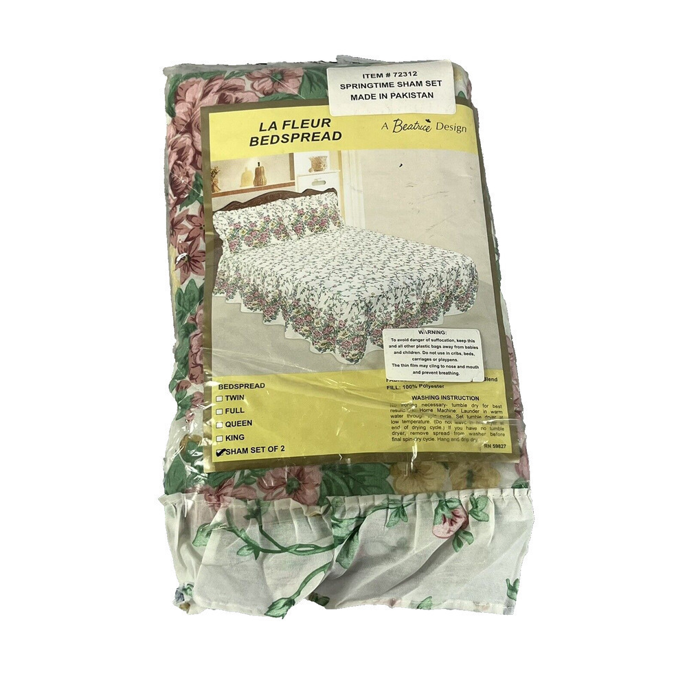 Vintage Le Fleur Springtime Pillow Sham Set Pink Green Floral Granny Core Ruffle